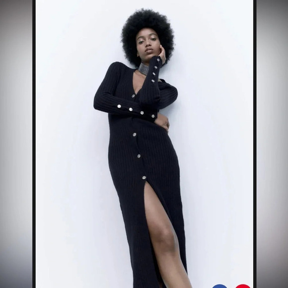 Zara Gold Button Ribbed Knit Dress - Picture 1 of 11